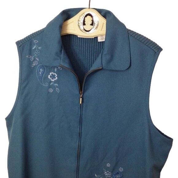 Alfred Dunner Floral Embroidered Cotton Ramie Rib-Knit Vest -16 Zipper Collar - Picture 4 of 10